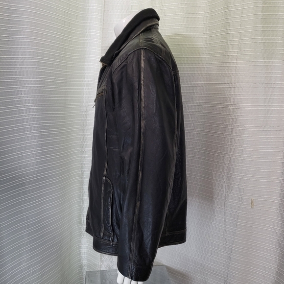 TRANSMISSION Distressed Leather Jacket Collared Removable Lining Black Men's L - Picture 6 of 16